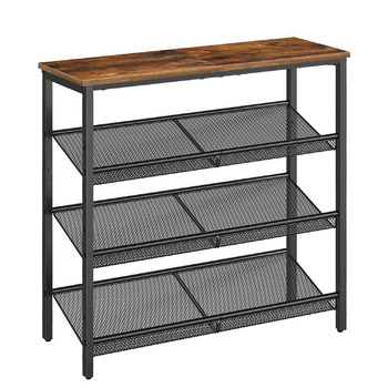 Взуттєва полиця HOOBRO, 4 полиці для взуття, шафа для взуття, регульована металева сітчаста полиця, містка верхня частина, для 12-15 пар взуття, вхід, коридор, індустріальний стиль, вінтажний коричнево-чорний EBF42XJ01 темно-коричневий чорний 75 x 30 x 69