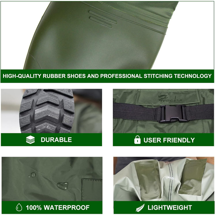 Дитячі водонепроникні вейдерси Croch з гумовими чобітьми, ідеальні для риболовлі та ходьби по воді, розмір 35, зелені