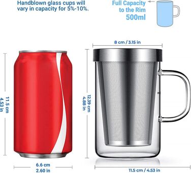 Скляна чашка Ecooe 500 мл (повна місткість) зі сріблястим ситечком з нержавіючої сталі та кришкою Чайне скло Боросилікатна чашка д