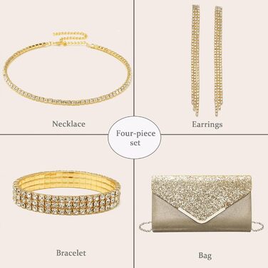 Жіноча сумочка з блискітками та блискітками, вечірня/весільна сумочка, гаманець, весільні прикраси, на випускний вечір, вечірку, сумка через плече, елегантна, набір з 4 предметів із золотом