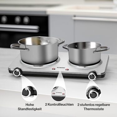 Подвійна конфорка Bomann з нержавіючої сталі Варильна поверхня з 2 варильними поверхнями 2500 Вт електрична варильна поверхня з ручками Cool Touch Варильні поверхні із захистом від перегріву DKP 5033 CB Одномісний