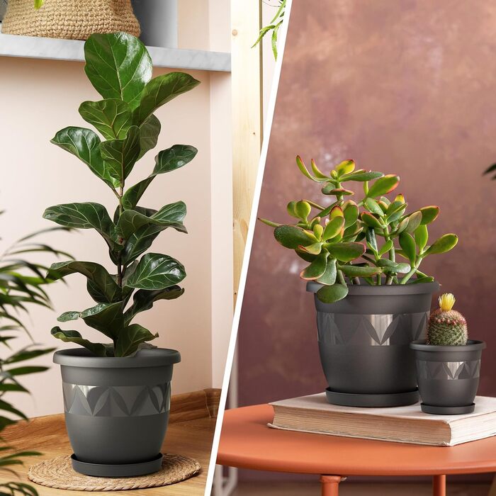 Горщик для квітів Plastard діаметр 40 см з блюдцем колір антрацит круглий кашпо для квітів садовий горщик з пластику стійкий до ат