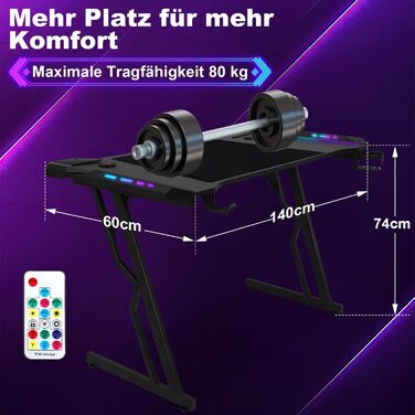 Ігровий стіл зі світлодіодним підсвічуванням, ігровий стіл 140 x 60 см, ігровий стіл для ПК з вуглецевим волокном, ігровий стіл зі світлодіодною Z-подібною рамкою, комп&39ютерний стіл для геймерів з гачком для навушників та тримачем для напоїв