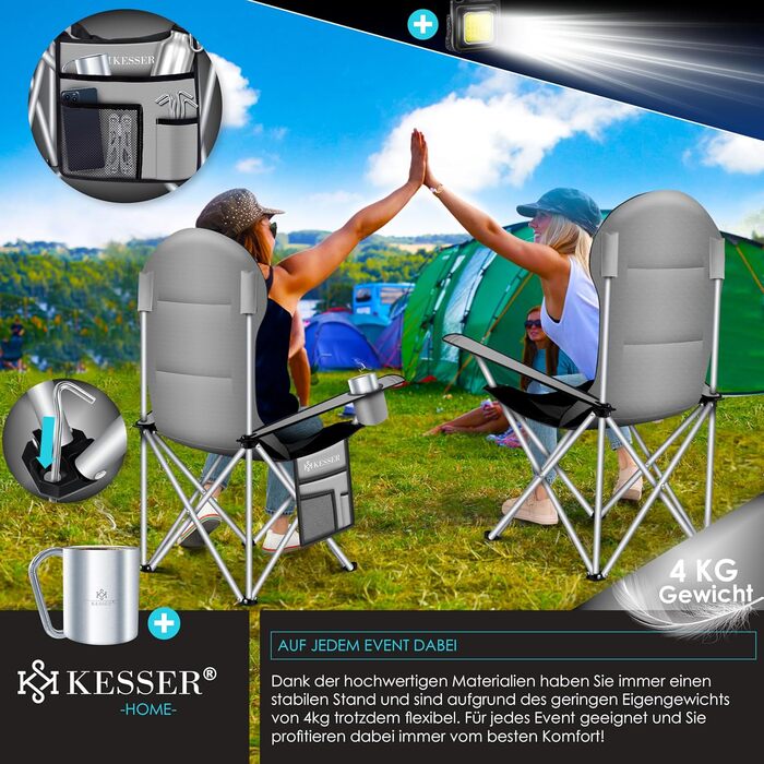 Складаний кемпінговий стілець KESSER, до 150 кг, Рибальський стілець, Складаний стілець, М&39який з підлокітниками, Висока спинка, Пляжний стілець, Складаний табурет, включаючи кемпінговий ліхтарик, Підставка для напоїв, Сумка та чашка, Сірий/Чорний