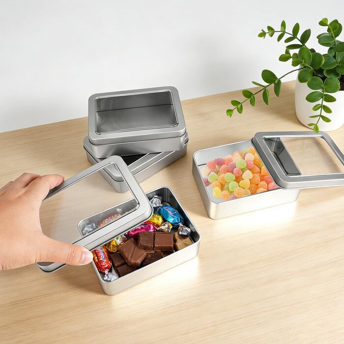 Набір з 4 металевих баночок з кришками, 12.593.5 см. Маленькі металеві коробочки з прозорою кришкою, без петель, для монет, солодощів, ключів, сережок.