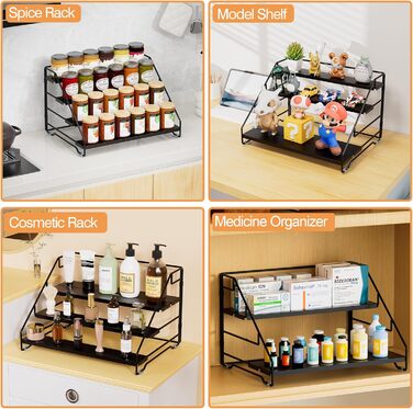 Рівнева підставка для спецій, металева регульована підставка для спецій, не потребує свердління, підставки для спецій для кухні, шафи та стільниці, органайзер для підставок для спецій (чорний), 4-