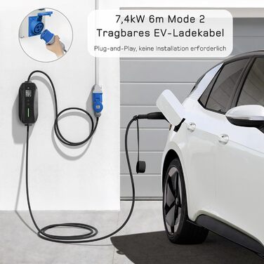 Зарядний кабель тип 2 CEE штекер 7.4кВт 1-фазний6м6-32А з регульованою потужністю зарядки, зарядний пристрій для електромобілів та