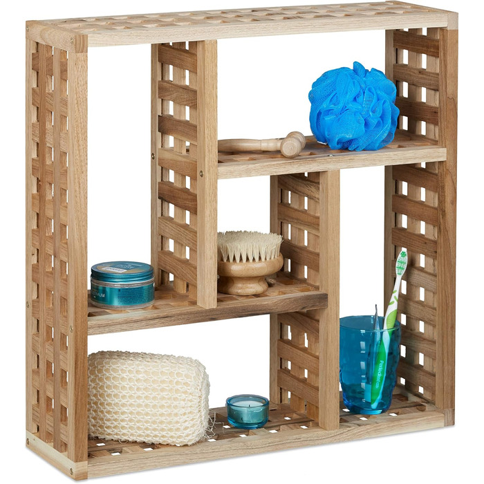 Настінна полиця для ванної Relaxdays, горіх, з 5 відділеннями, для ванної, передпокою та вітальні, В х Ш х Г 50 х 50 х 15 см, нату