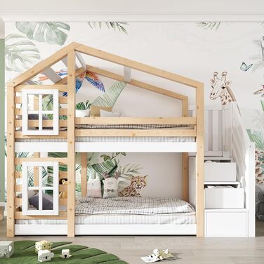 Дитяче ліжко Kehun Двоярусне ліжко 90 x 200, Ліжко-будиночок для 2 дітей, Ліжко-горище з дерев&39яною рейковою основою, Дерев&39яне ліжко з шухлядою та вікном, Ліжко-будиночок на дереві із захистом від падіння та сходами, Натуральний та білий, Без матраца