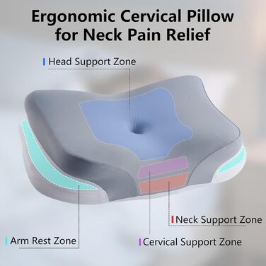 Подушка для шиї KEVIAN, ергономічної форми, охолоджувальна, без запаху, з високощільної піни з ефектом пам&39яті для сну на боці/спині/животі, з чохлом, який можна прати, 60x37x13/12 см