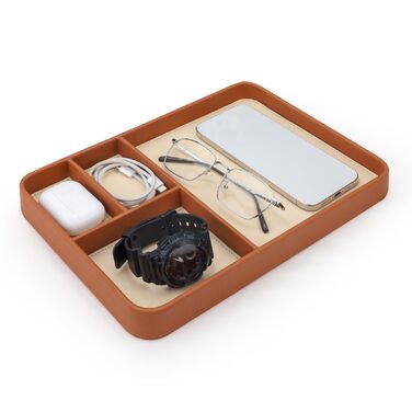 Чоловічий органайзер для столу, 4 відділення, високоякісна штучна шкіра, лоток для всіх тумбочок, тумбочки біля ліжка, кешбек для ключів, годинника, телефону, ювелірних виробів, EDC, коричневий