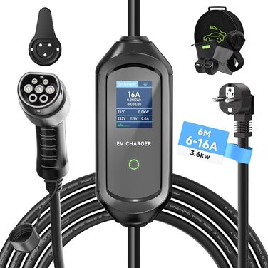 Зарядний кабель AFYEEV 6м тип 2, зарядний кабель 3.6кВт тип 2 Schuko, зарядний кабель електромобіля тип 2 Schuko, регульований стр