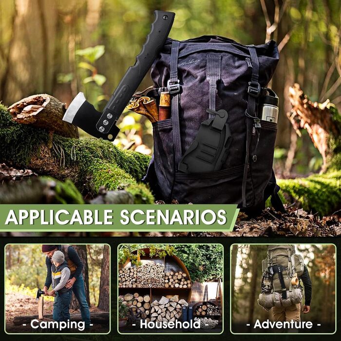 Універсальний туристичний сокира-ніж Freelander 5-в-1 з пилкою, піхвами та свистком, 34 см, для кемпінгу, походів та виживання, чорний