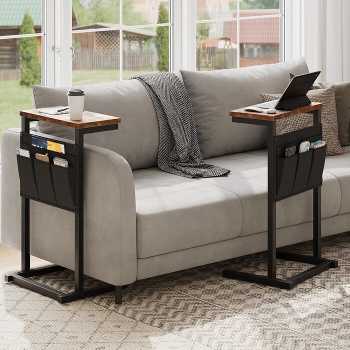 Журнальний столик HOOBRO C-подібної форми, столик до дивана, тумбочка, столик для перекусу, з 4 кишенями з тканини Оксфорд для невеликих приміщень, вітальні, спальні, ванної кімнати, вінтажний коричневий та чорний EBF43SF01