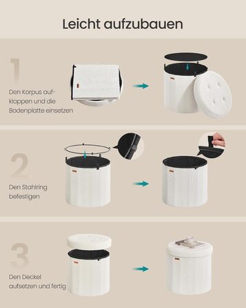 Колекція SONGMICS Mazie Круглий пуф для зберігання речей, пуф для ніг з місцем для зберігання, складний пуф зі знімною кришкою, легке складання, фліс, для гуртожитку, спальні, вітальні, кремово-білий LSF606W01 Фліс кремово-білий