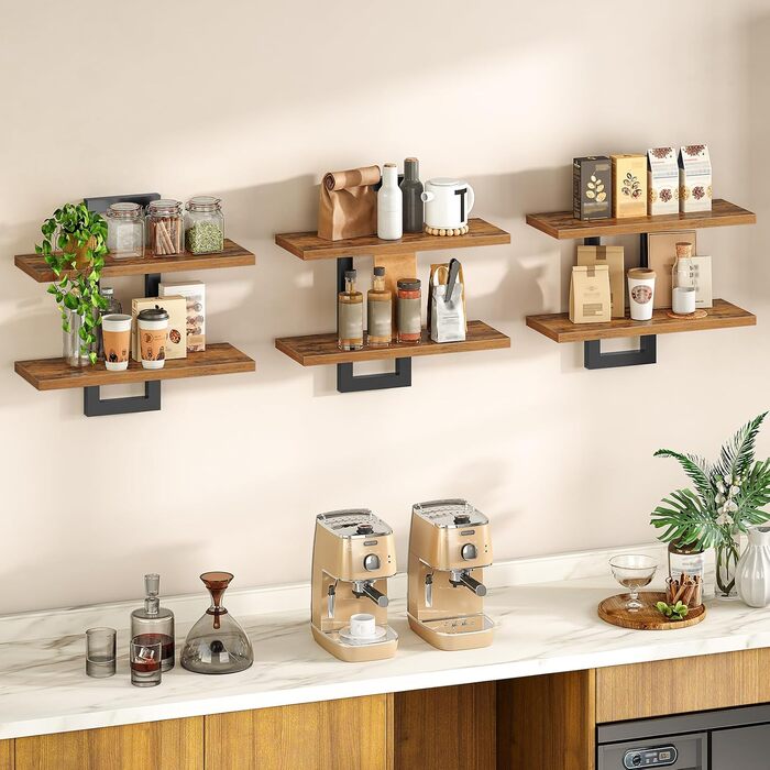 Плаваючі настінні полиці HOOBRO, 2-рівнева настінна дошка, комплект із 3 плаваючих полиць, підвісні полиці для ванної кімнати, настінні полиці 38 см, для вітальні, спальні, кухні, вінтажний коричневий та чорний EBF32BJP301 Вінтажний коричневий, чорний 3