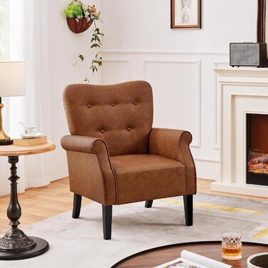 Сучасне крісло Yaheetech з вигнутою спинкою та дерев&39яними ніжками, м&39яке крісло-реклайнер, крісло для телевізора з підлокітниками, одномісний диван, комфортне сидіння, ретро-коричневий колір, поліуретан