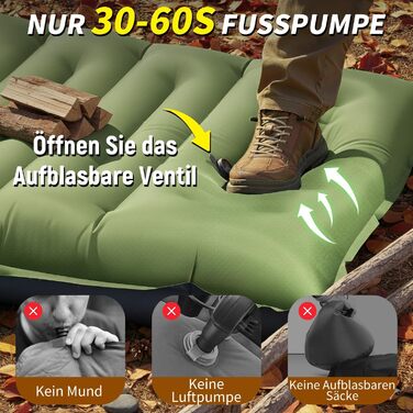 Килимок для сну для кемпінгу, потовщений надувний матрац 12 см для кемпінгу, надувний матрац з ножним насосом та подушкою, надлегкий килимок для сну на відкритому повітрі для походів, пляжу, подорожей, зелений намет