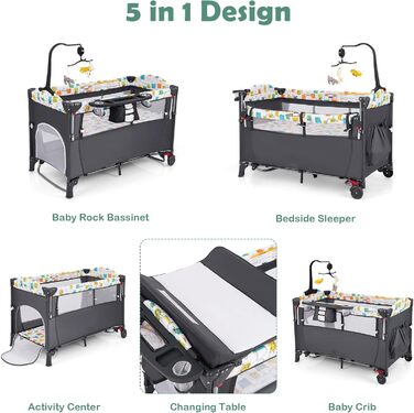 Дитяче ліжечко LIFEZEAL з матрацом, складне дитяче ліжечко з пеленальною дошкою та іграшками, дорожнє ліжечко з тканини Оксфорд, 2 рівні, регульована висота, вантажопідйомність 10/15/10 кг (сірий колір)