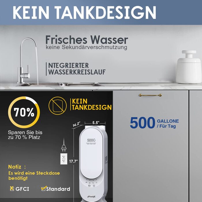 Система зворотного осмосу Frizzlife PX500-A, система водяного фільтра - лужна та ремінералізація, без резервуару для води, 500 GPD швидкий фільтр зворотного осмосу, коефіцієнт зливу 1,51, знижений TDS, кран із матовим нікелем