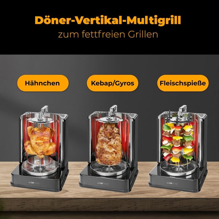 Вертикальний мультигриль Clatronic Dner-Vertikal-Multigrill Ідеальний для гіроса, кебаба та іншого Гриль для здорового приготування страв без жиру вдома Включає обертовий вертел та 6 шампурів для м'яса DVG 3686