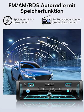 Автомобільна стереосистема RDS Bluetooth для 9-24 В, FM/AM Автомобільна стереосистема з Bluetooth Hands-free, 7 кольорів Радіо з пультом дистанційного керування MP3-плеєр Радіо2 USB/Незалежний годинник/SD/AUX(різнокольоровий)