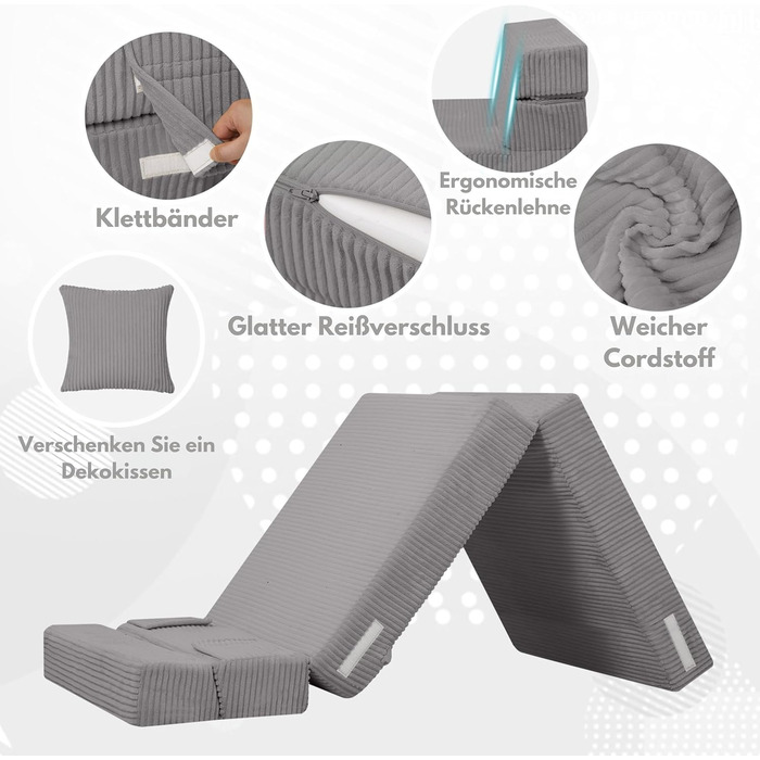 Диван MeMoreCool Cord Play, Дитячий диван, Дитячий диван Glow, Дитячий розкладний диван, Диван-фліп, Дитячий диван, Z-подібне ліжко, Розкладний дитячий диван, Ліжко на підлогу, Розкладний диван для ігрової кімнати, Сірий шнур сірого кольору