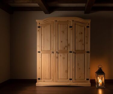 Шафа для спальні Dynamic24 3-дверна шафа New Mexico Ш152xВ193xГ54 см Масив сосни натурального кольору Комод Шафа Багатоцільова шафа Відкрита шафа Коричнева