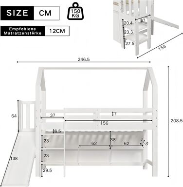 Дитяче двоярусне ліжко 90 x 200 см з гіркою, Багатофункціональне дитяче ліжко зі сходами та полицею для зберігання, Односпальне ліжко Treehouse з місцем для зберігання, Масив дерева МДФ, Білий