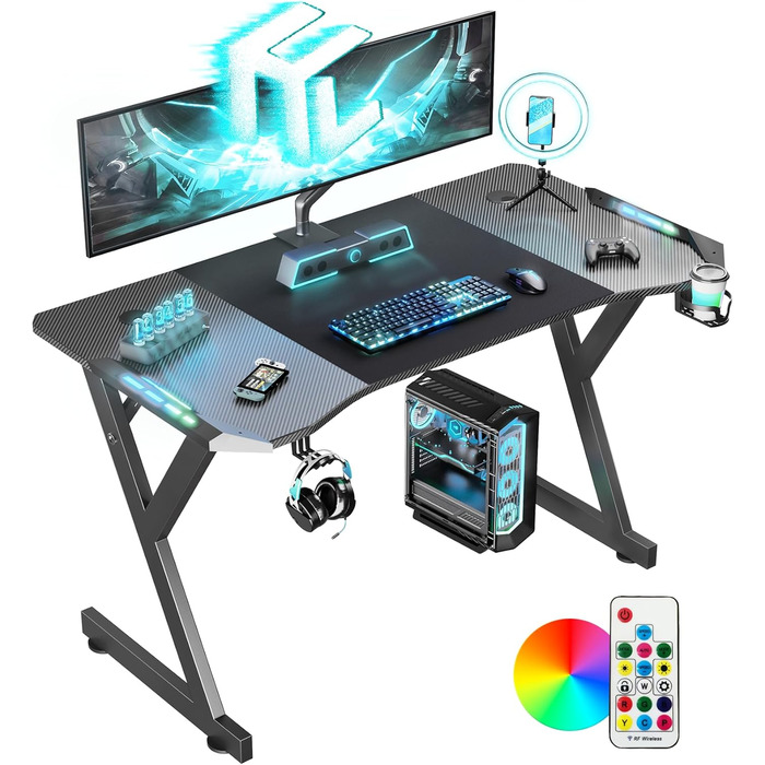 Ігровий стіл HLONONE LED 120 x 60 см, ігровий стіл зі світлодіодами, стійкий стіл для ПК з покриттям з вуглецевого волокна, геймер