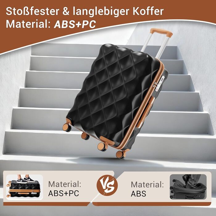 Легка дорожня валіза British Traveller, ручна поклажа, 54x36,5x21,5 см, виготовлена з ABSPC, із замком TSA, 4 колеса, чорно-коричневий колір, розмір S (54 см, 34 л)