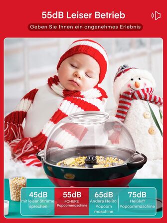 Машина для попкорну FOHERE, 5.5-літрова машина для дому, машина для попкорну з цукром, олією, маслом, антипригарним покриттям і знімною нагрівальною поверхнею, тиша та швидкість, велика кришка як миска для подачі червона