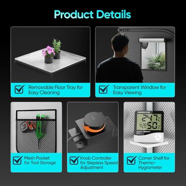 Комплект для вирощування Growzelt, 240W, 100x100x200 см LED-лампа повного спектру з вбудованим контролером та система вентиляції 17 см з вугільним фільтром, гідропонний гроубокс з термометром