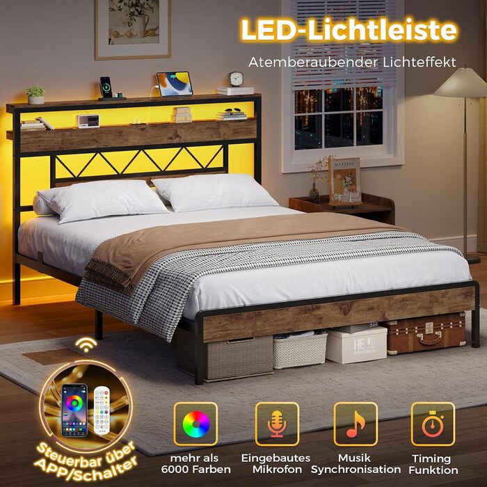 Ліжко 140x200 зі світлодіодним освітленням, каркас ліжка 140x200 з металевою рейковою основою, металеве ліжко з розеткою, дерев&39яне узголів&39я з 2 відкритими полицями, місце для зберігання речей під ліжком, спальня, вінтажний коричневий 140 x 200 см