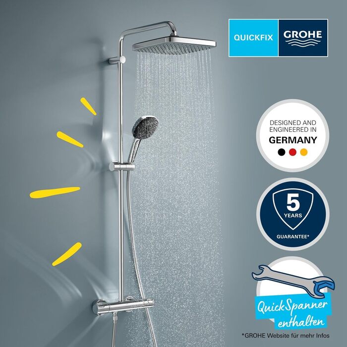 Душова система GROHE Vitalio 250, водозаощаджувальна (8 л/хв), з термостатом, поворотним тропічним душем, блокуванням при 38C та системою проти вапняного нальоту, квадратна, хром, 26696001