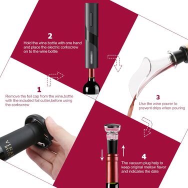 Електричний набір відкривачів для винних пляшок, акумуляторний електричний штопор, автоматичний відкривач для вина Відкривачка для пляшок з різаком для фольги, вакуумна пробка та наливник вина для сімей, вечірок (чорний) автоматичний 4-в-1 чорний