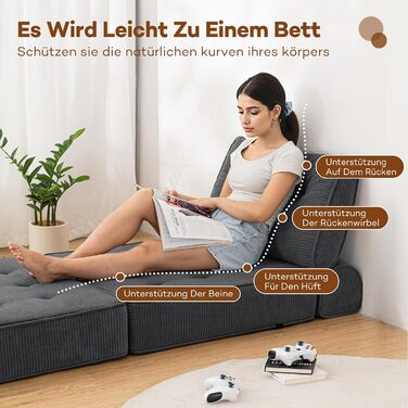 Розкладний диван-ліжко, що трансформується 3-в-1, диван-ліжко, крісло-ліжко з подушками, крісло-мішок, зручний диван-ліжко, підлоговий диван-гойдалка для спальні, вітальні, сірого кольору, 80 см, 80 x 80 см, сірий