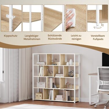 Окремостояча полиця eSituro, 4-ярусна книжкова шафа, полиця для зберігання, кухонна полиця, кутова полиця, окремостояча полиця з пристроєм проти перекидання, виготовлена з металу, 120x30x120 см, світлий дуб білий