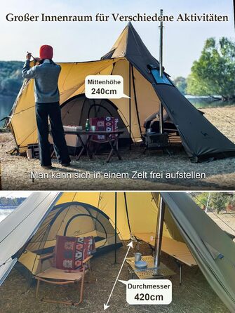 Намет TOMOUNT Tipi з нейлону, індіанський намет з високим хребтом для 6 осіб, пірамідальний намет з отвором для плити, 4-сезонний кемпінговий намет для активного відпочинку, кемпінгу, пішого туризму, трекінгу, самостійного виготовлення