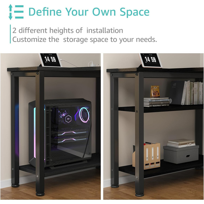 Г-подібний ігровий стіл Lufeiya з шухлядами та полицями для зберігання, кутовий комп&39ютерний стіл 49,5 дюймів з розеткою для дому, офісу, спальні, Г-подібні підліткові ПК-стіли чорного кольору, 40,5 дюймів