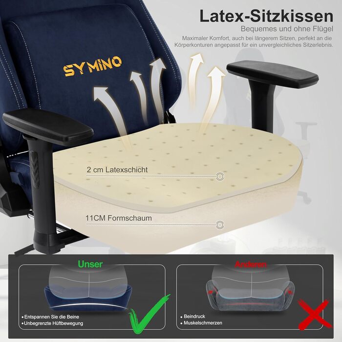 Ігрове крісло Symino з латексною подушкою сидіння, вантажопідйомність 300 кг, ергономічне комп&39ютерне крісло з поперековою опорою та підголівником з піни з ефектом пам&39яті, дихаюче офісне крісло зі штучної замші, темно-синє