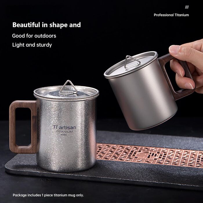 Титанова кружка, надлегка кемпінгова кавоварка, піскоструминна поверхня, захист від опіків (матово-сіра 450 мл)
