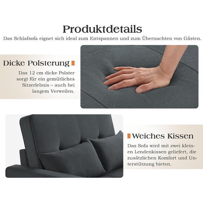 Диван-ліжко 186 x 122 см з 5-позиційним регулюванням спинки, диван-ліжко 3-в-1 з подушками та бічною кишенею, сірий лляний диван для гостьових кімнат та невеликих приміщень