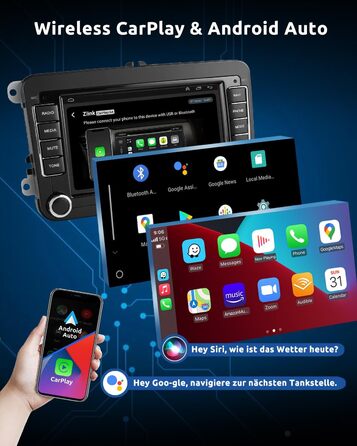 Автомобільне радіо Essgoo 464G Android 14 для VW Caddy Golf MK5 6 Polo Passat Seat RCD330 з бездротовим CarPlay Android Auto, 2 Din радіо з 7-дюймовим сенсорним екраном Bluetooth FM RDS GPS WiFi