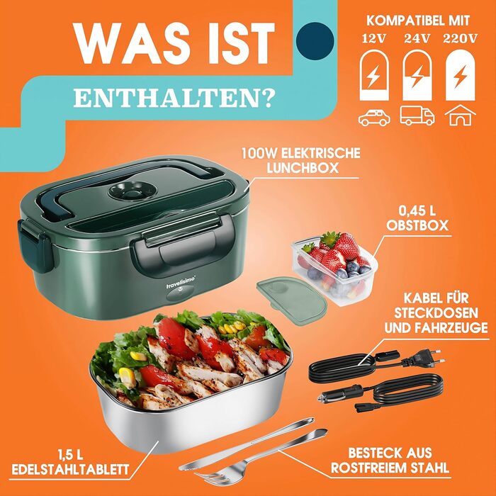 Електричний ланч-бокс TRAVELISIMO з підігрівом 100 Вт, електричний ланч-бокс з підігрівом 1,5 л, 3-в-1, підігрівач їжі 12 В/24 В/220 В, електричний ланч-бокс для робочого автомобіля/вантажівки та підігрівач темно-зеленого кольору