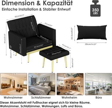 Крісло з відкидною спинкою та підставкою для ніг, 2 зарядні порти, зручне крісло для відпочинку, крісло для читання у вітальні, крісло для телевізора, м&39яке крісло, крісло-реклайнер, вантажопідйомність до 159 кг, оксамит (чорний)