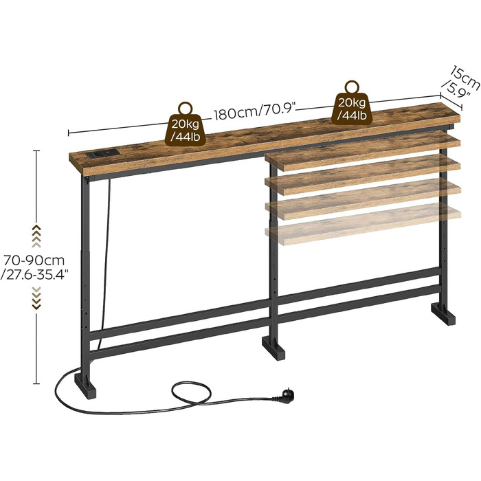 Вузький консольний столик, вузький столик для передпокою, столик для передпокою довжиною 180 см, 1 розетка змінного струму, 1 порт USB-A, 1 порт Type-C, для вітальні, передпокою, вінтажний коричнево-чорний XCT08CBR 180 x 15 x 70-90 см Вінтажний коричневий