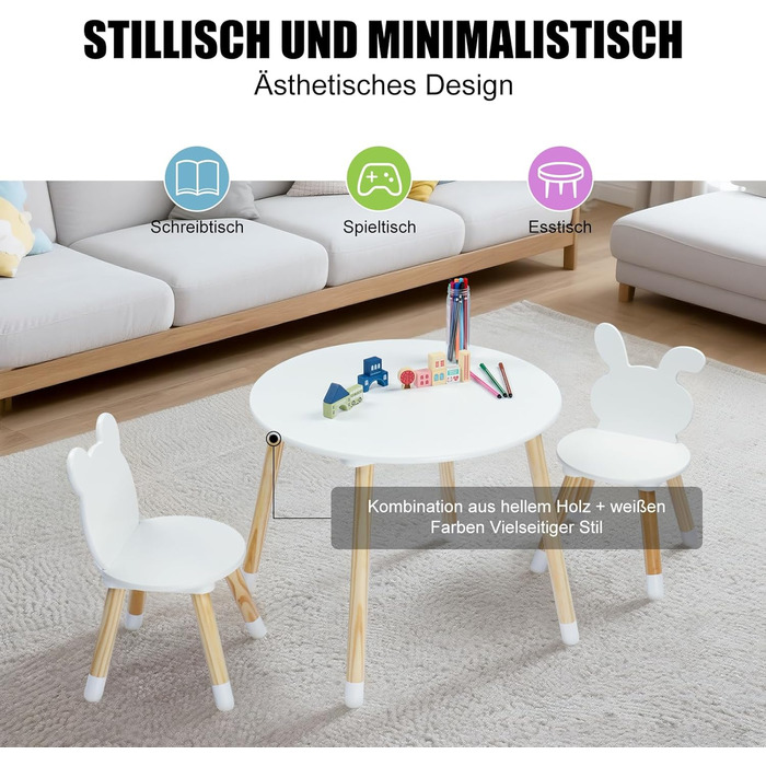 Дитячий стіл LALAHO з 2 стільцями, комплект дитячих сидінь, дитячий стіл/художній стіл, ігровий стіл, з сосновими ніжками, дитячі меблі для дитячих кімнат та дитячих садків (білий)