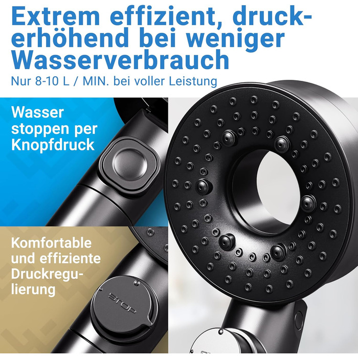 Душова лійка з фільтром 3 режими - включно з режимом підвищення тиску Економна душова лійка з мінеральними перлинами Ручна душова лійка, душова головка, душова насадка в чорному кольорі, включно з інструментом, запасними перлинами та матовою чорною панелл
