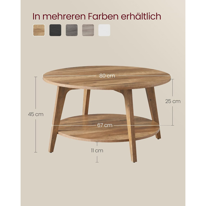 Круглий журнальний столик VASAGLE, 2-ярусний стіл для вітальні, діаметр 80 см, висота 45 см, легке складання, медово-коричневий LCT243K41